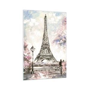 Cuadro sobre vidrio - Impresiones sobre Vidrio - La Torre Eiffel rodeada de árboles en flor. - 70x100cm - Un paseo por París en abril - Decoración de pared moderna para salón y dormitorio ARTTOR