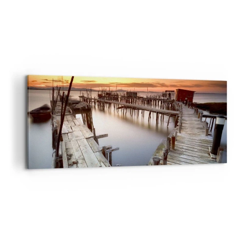 Cuadro sobre lienzo - Impresión de Imagen - Muelles de madera en aguas tranquilas al atardecer - 120x50cm - Auténtico, sublime - Decoración de pared moderna para salón y dormitorio ARTTOR
