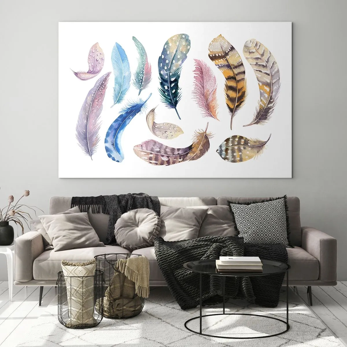 Cuadro sobre vidrio - Impresiones sobre Vidrio - Plumas de colores en un estilo artístico sobre un fondo blanco. - 120x80cm - Ligero, colorido y multicolor - Decoración de pared moderna para salón y dormitorio ARTTOR