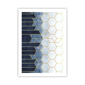 Póster - Composición geométrica en tonos azul marino y dorado con hexágonos. - 50x70cm - Composición rítmica visual - Decoración de pared moderna para salón y dormitorio ARTTOR