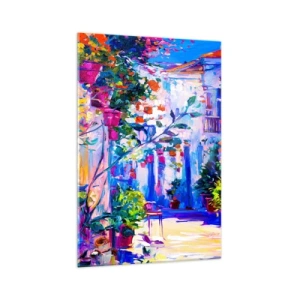 Cuadro sobre vidrio - Impresiones sobre Vidrio - Una calle colorida y llena de flores. - 70x100cm - Impresión - una calle italiana - Decoración de pared moderna para salón y dormitorio ARTTOR