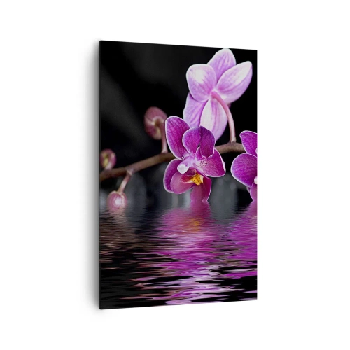 Cuadro sobre lienzo - Impresión de Imagen - Orquídeas moradas sobre aguas tranquilas contra un fondo negro. - 80x120cm - Un reflejo lila de la belleza - Decoración de pared moderna para salón y dormitorio ARTTOR