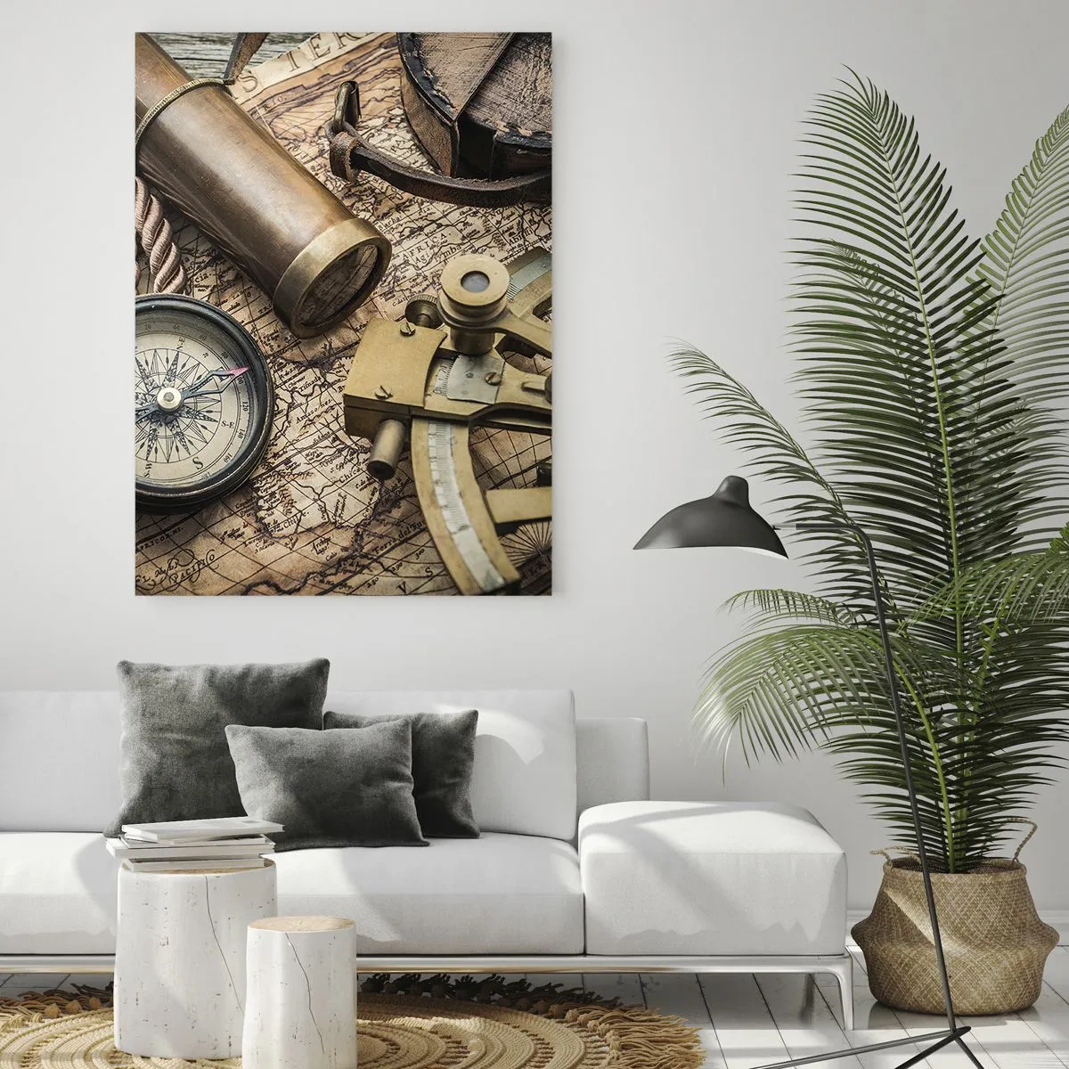 Cuadro sobre vidrio - Impresiones sobre Vidrio - Una brújula, un sextante y un telescopio sobre el fondo de un mapa antiguo y una cuerda náutica. - 70x100cm - Establecer un rumbo - Decoración de pared moderna para salón y dormitorio ARTTOR