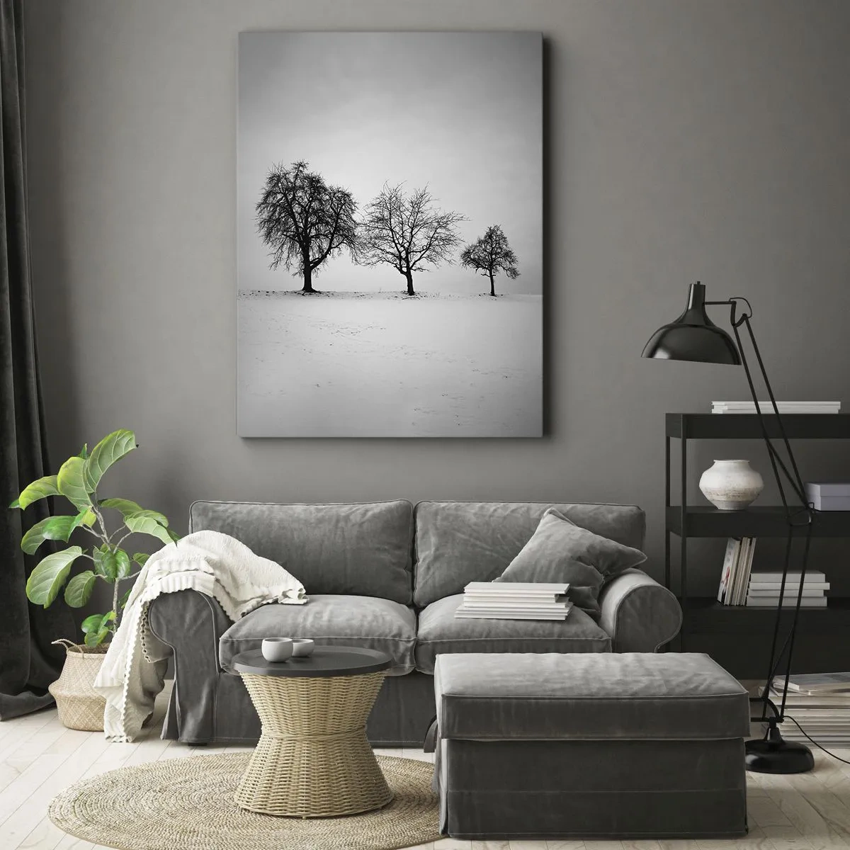 Cuadro sobre lienzo - Impresión de Imagen - Tres árboles en un campo nevado en estilo monocromático. - 50x70cm - ¿Con qué sueñan? - Decoración de pared moderna para salón y dormitorio ARTTOR