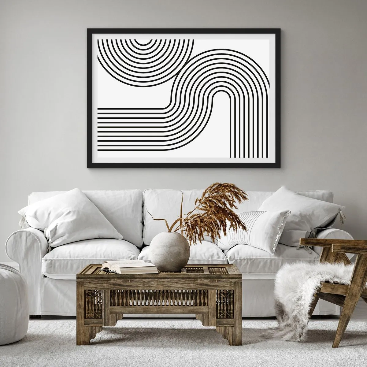 Póster en marco negro - Una pintura abstracta con líneas negras que crean patrones geométricos sobre un fondo blanco. - 70x50cm - En una curva - Decoración de pared moderna para salón y dormitorio ARTTOR