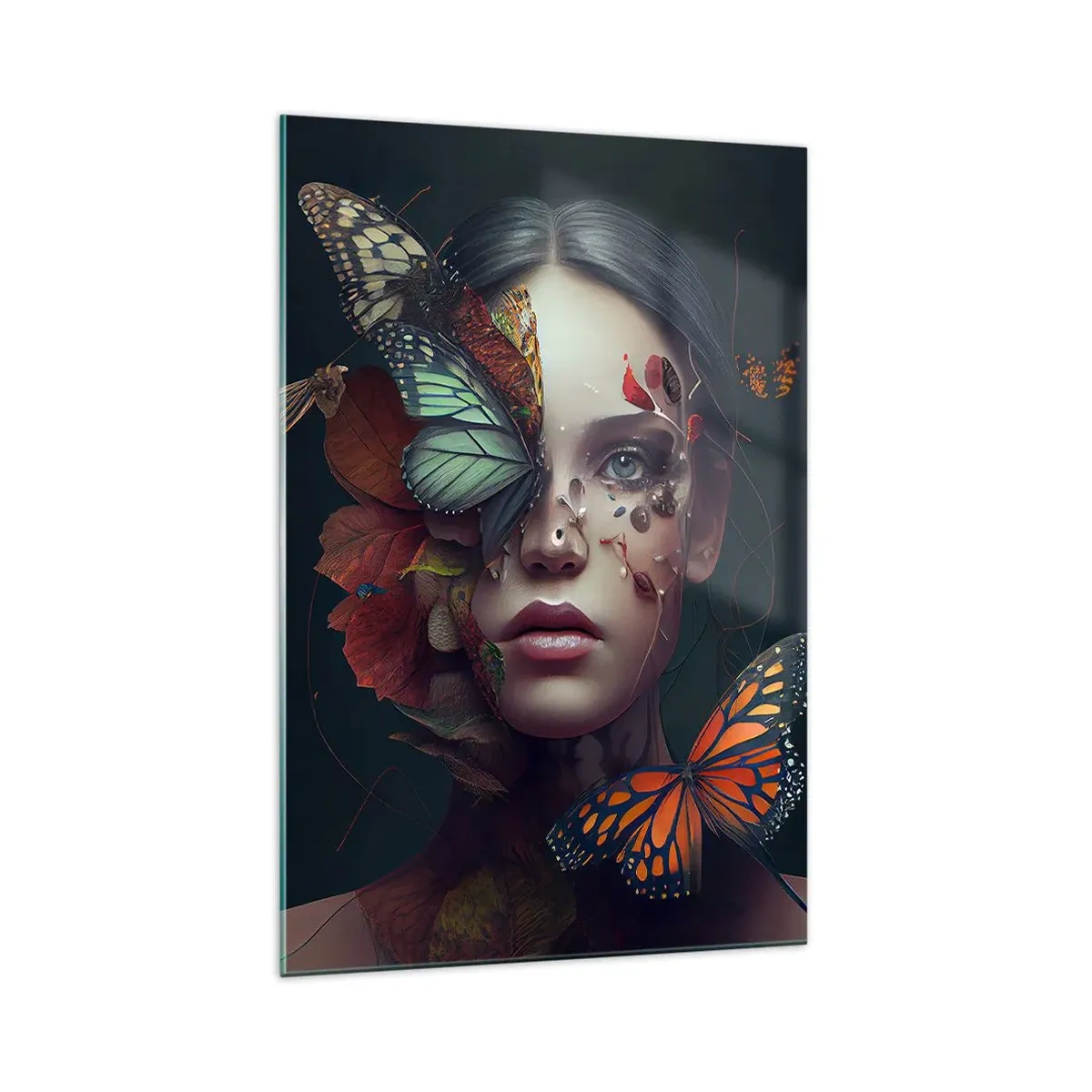 Cuadro sobre vidrio - Impresiones sobre Vidrio - Retrato de una mujer con mariposas y elementos vegetales. - 70x100cm - Una metamorfosis maravillosa - Decoración de pared moderna para salón y dormitorio ARTTOR