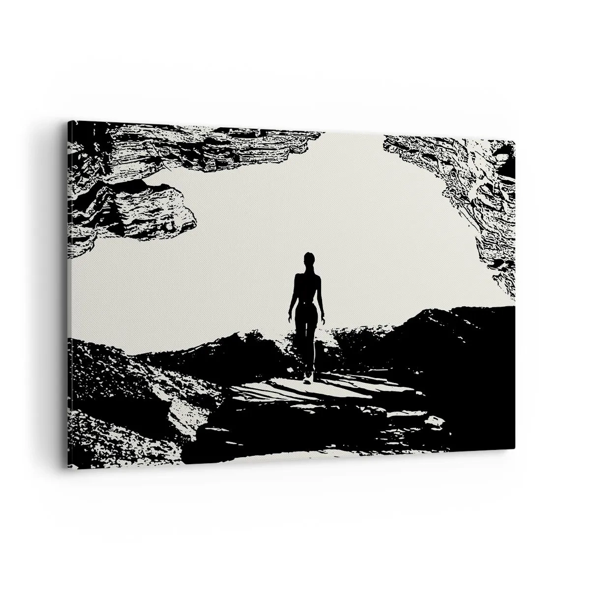 Cuadro sobre lienzo - Impresión de Imagen - Silueta en blanco y negro de una mujer en una cueva contra el cielo - 120x80cm - Una nueva mirada - Decoración de pared moderna para salón y dormitorio ARTTOR