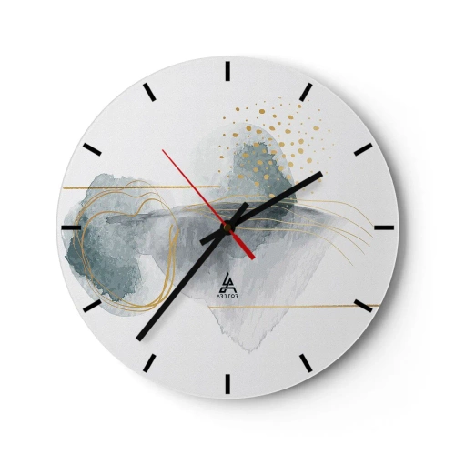 Reloj de pared - Reloj de vidrio - Formas abstractas pastel con líneas y puntos dorados sobre un fondo blanco. - 30x30cm - Sobre la relación entre el gris y el oro - Decoración de pared moderna para salón, cocina y dormitorio ARTTOR