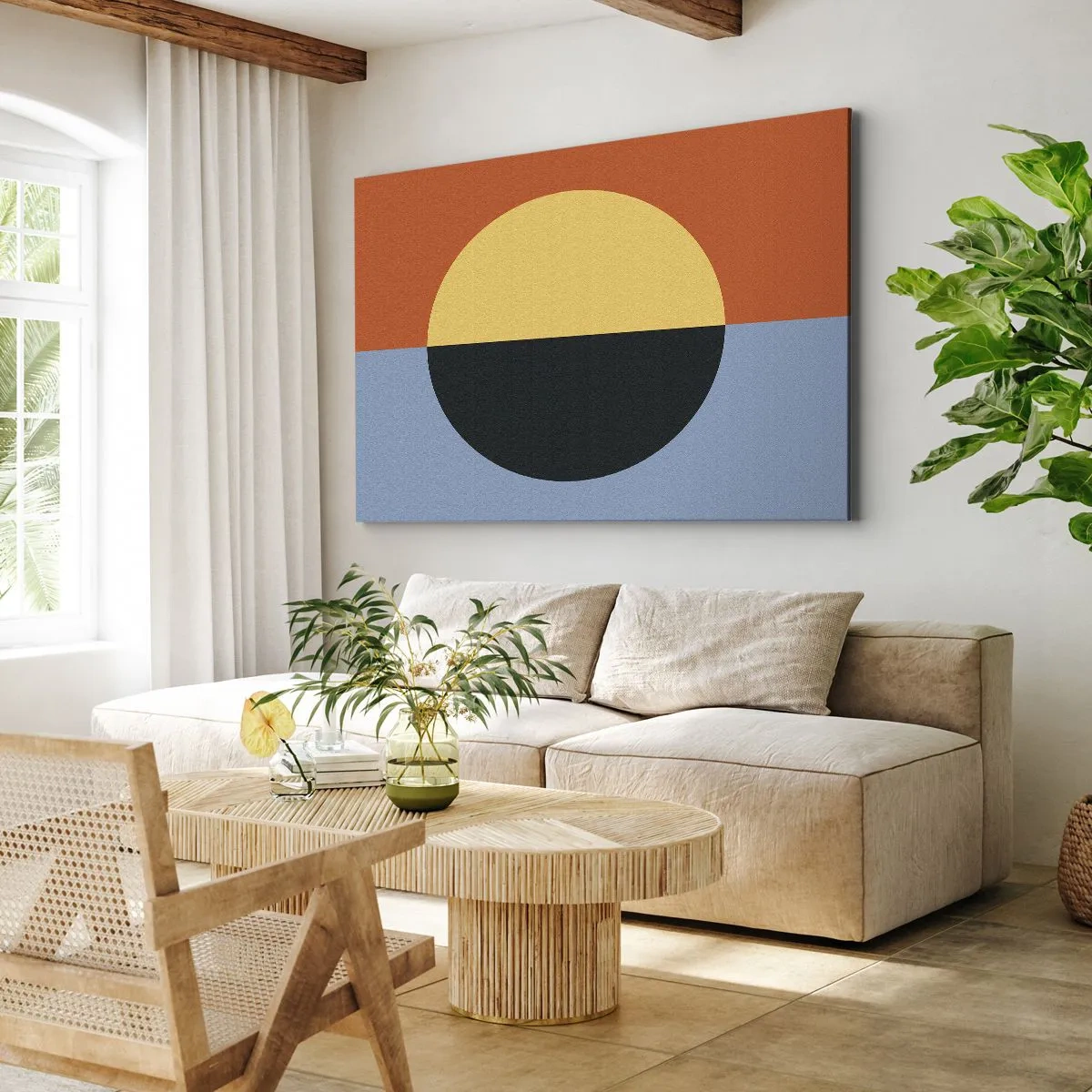 Cuadro sobre lienzo - Impresión de Imagen - Abstracción geométrica con colores contrastantes. - 70x50cm - Una composición de calidez y frescura - Decoración de pared moderna para salón y dormitorio ARTTOR