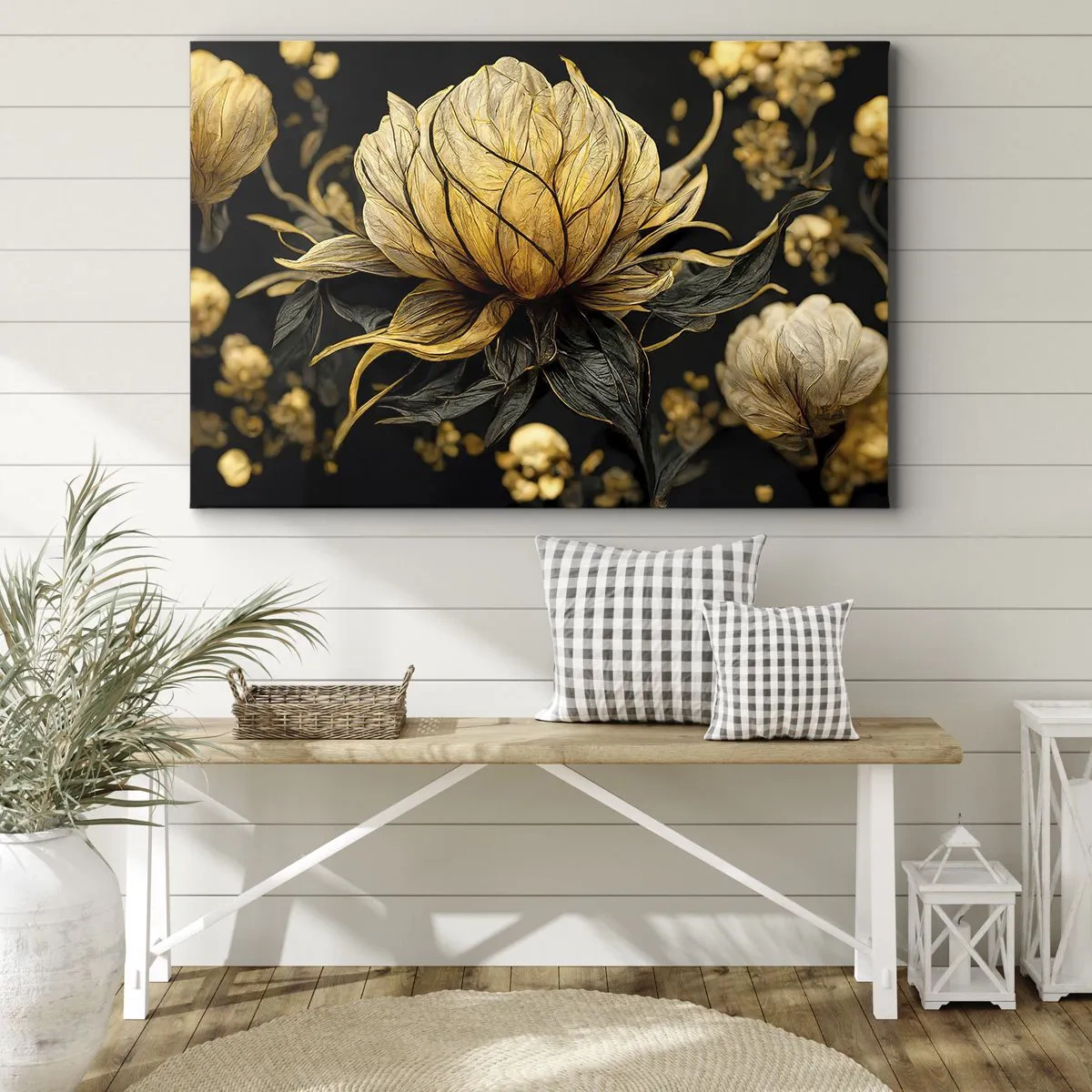 Cuadro sobre lienzo - Impresión de Imagen - Flor dorada sobre fondo oscuro - 70x50cm - Sutil fragilidad - Decoración de pared moderna para salón y dormitorio ARTTOR