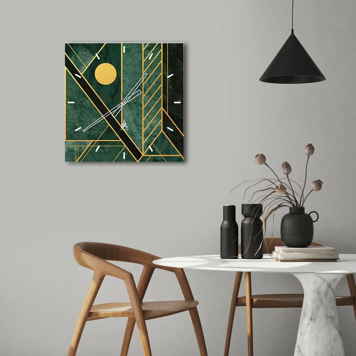 Reloj de pared - Reloj de vidrio - Diseño geométrico verde y dorado con un patrón elegante. - 30x30cm - La dinámica del oro y el azul - Decoración de pared moderna para salón y dormitorio ARTTOR