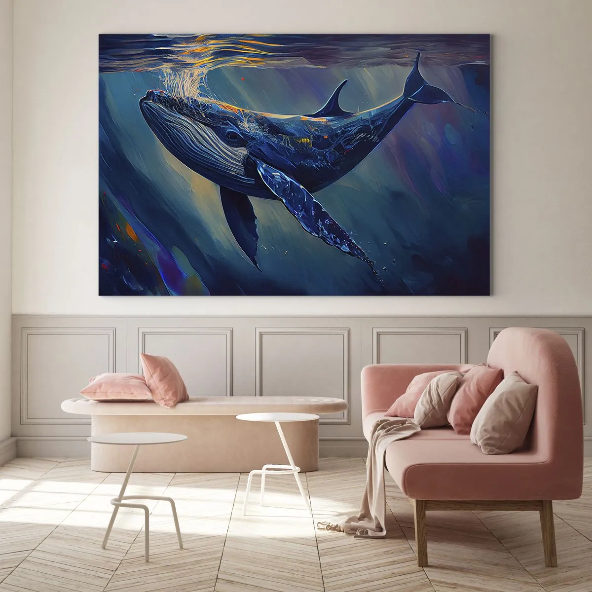 Cuadro sobre vidrio - Impresiones sobre Vidrio - Una ballena flotando bajo el agua a la luz del sol. - 70x50cm - Bienvenidos a mi mundo - Decoración de pared moderna para salón y dormitorio ARTTOR