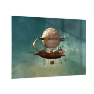Cuadro sobre vidrio - Impresiones sobre Vidrio - Un dirigible volador con una casa de estilo retro en el cielo. - 70x50cm - Julio Verne saluda - Decoración de pared moderna para salón y dormitorio ARTTOR