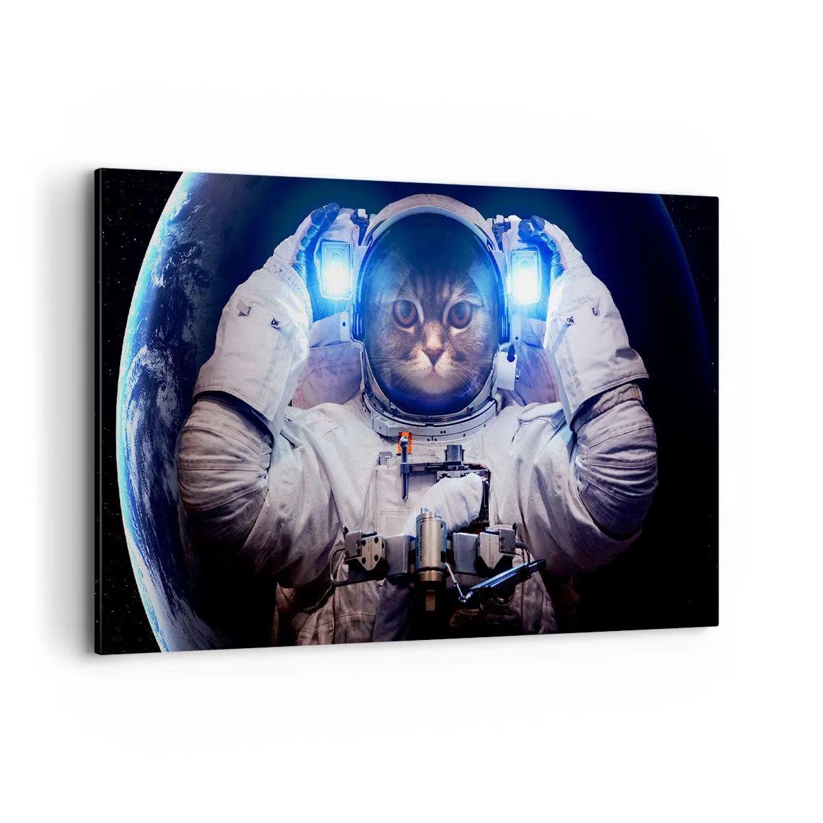 Cuadro sobre lienzo - Impresión de Imagen - Un gato en un traje de astronauta con la Tierra al fondo y una luz brillante. - 120x80cm - Houston, tienes un problema. - Decoración de pared moderna para salón y dormitorio ARTTOR