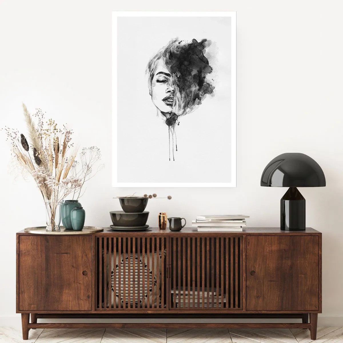 Póster - Retrato de una mujer en acuarela en blanco y negro - 50x70cm - Sueños en femenino - Decoración de pared moderna para salón y dormitorio ARTTOR