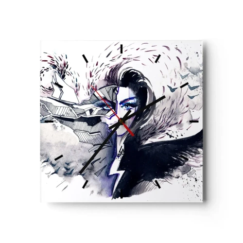 Reloj de pared - Reloj de vidrio - Rostro abstracto con elementos contrastantes y motivo de ala. - 30x30cm - Demoníaca y hermosa - Decoración de pared moderna para salón y dormitorio ARTTOR