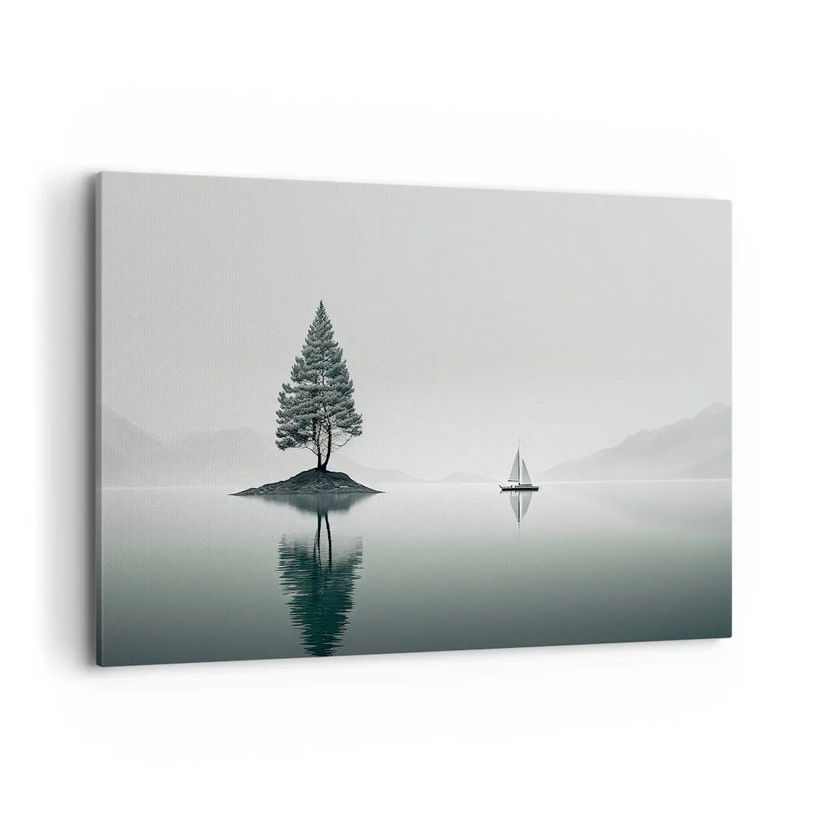Cuadro sobre lienzo - Impresión de Imagen - Un paisaje minimalista con un árbol en una isla y un velero. - 120x80cm - Un sueño hecho realidad - Decoración de pared moderna para salón y dormitorio ARTTOR