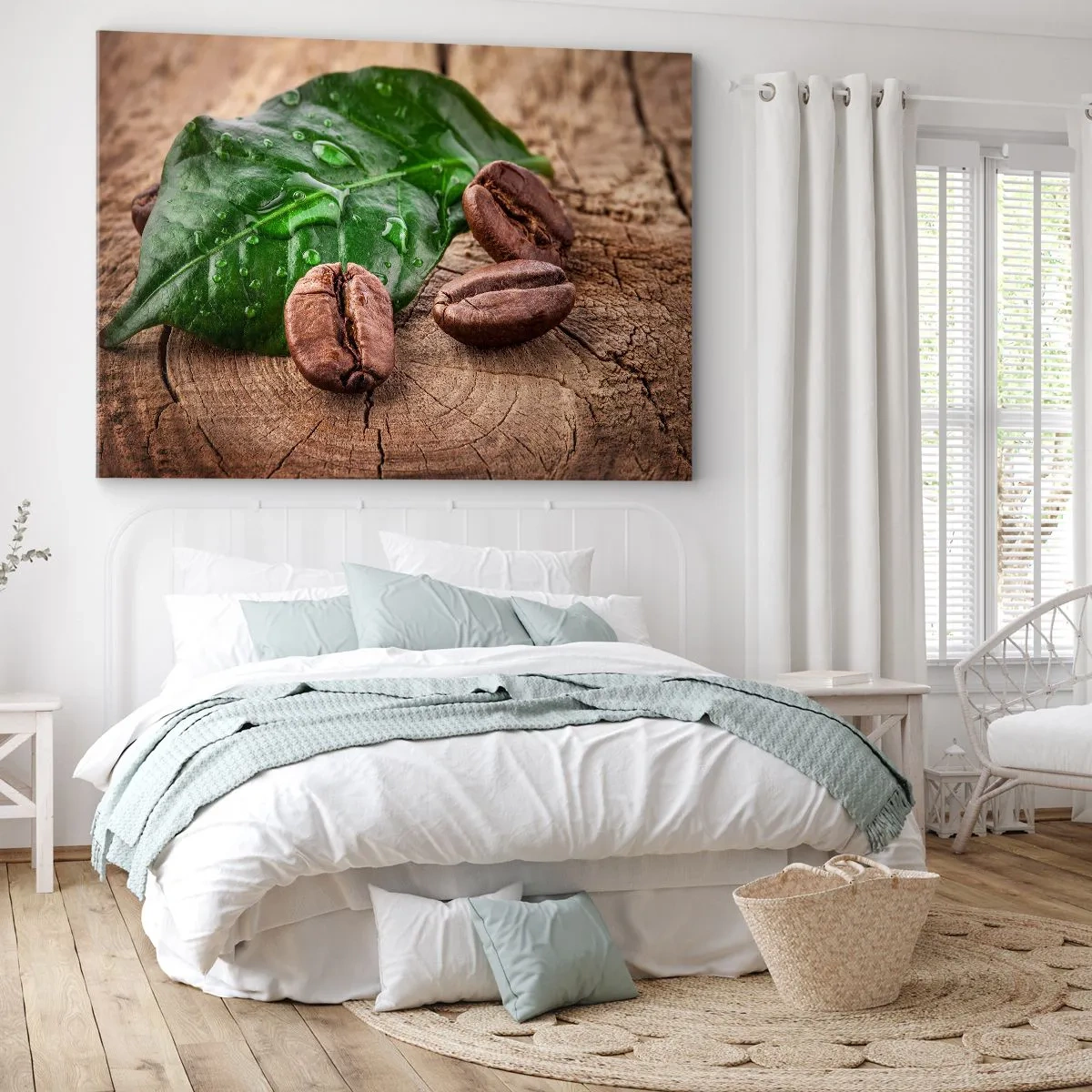 Cuadro sobre lienzo - Impresión de Imagen - Granos de café y hojas verdes sobre un fondo de madera - 70x50cm - El auténtico y negro - Decoración de pared moderna para salón y dormitorio ARTTOR