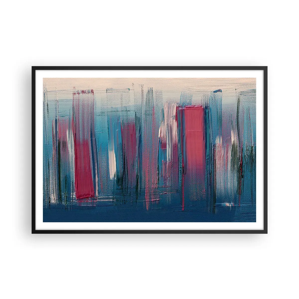 Póster en marco negro - Formas verticales abstractas en tonos azules y rojos. - 100x70cm - Composición vertical en azul y rojo - Decoración de pared moderna para salón y dormitorio ARTTOR