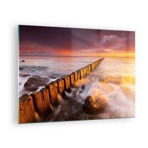 Cuadro sobre vidrio - Impresiones sobre Vidrio - Puesta de sol sobre el mar con un rompeolas de madera - 70x50cm - La dulzura de las olas - Decoración de pared moderna para salón y dormitorio ARTTOR