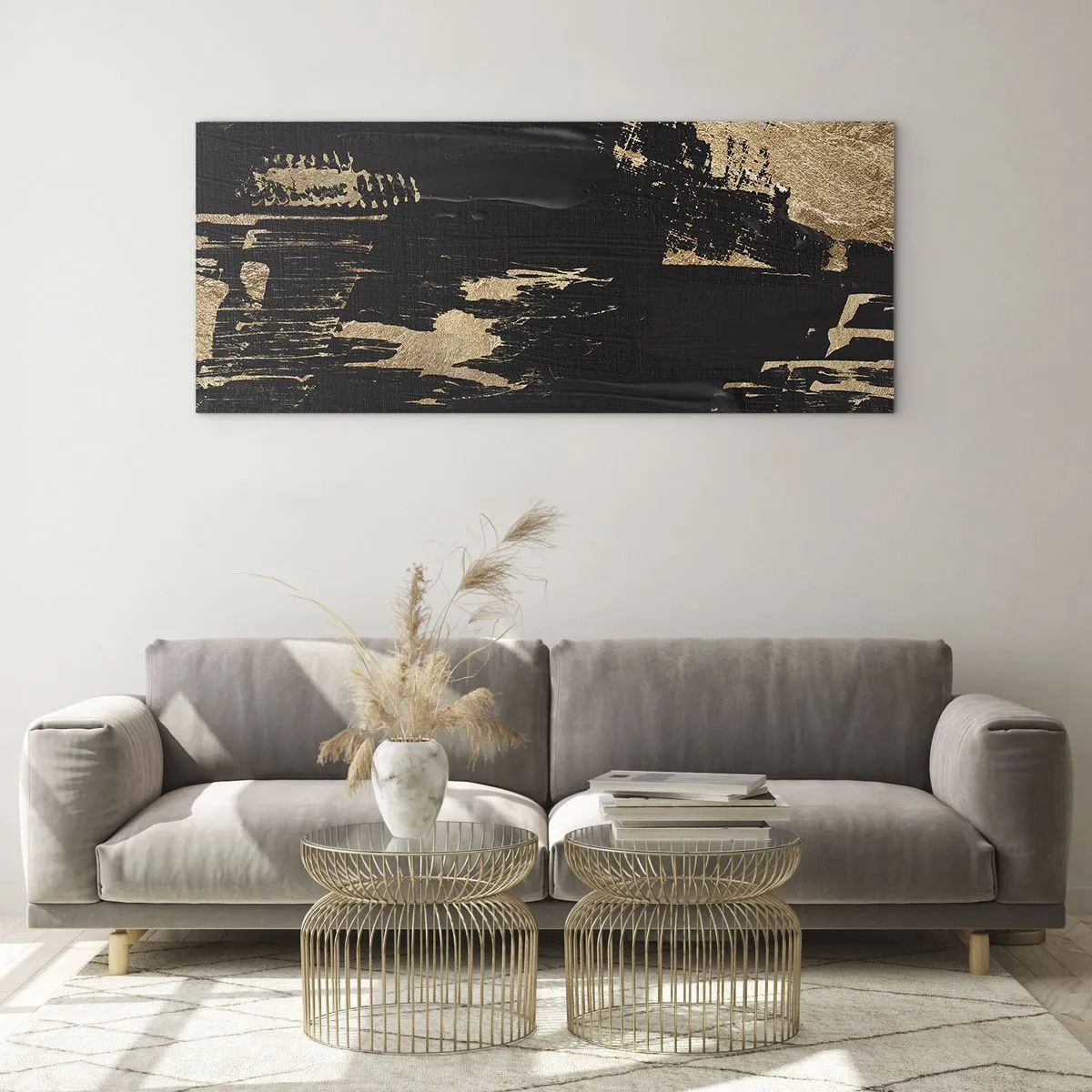 Cuadro sobre vidrio - Impresiones sobre Vidrio - Composición abstracta en tonos negros y dorados. - 120x50cm - Un rastro de tacto - Decoración de pared moderna para salón y dormitorio ARTTOR