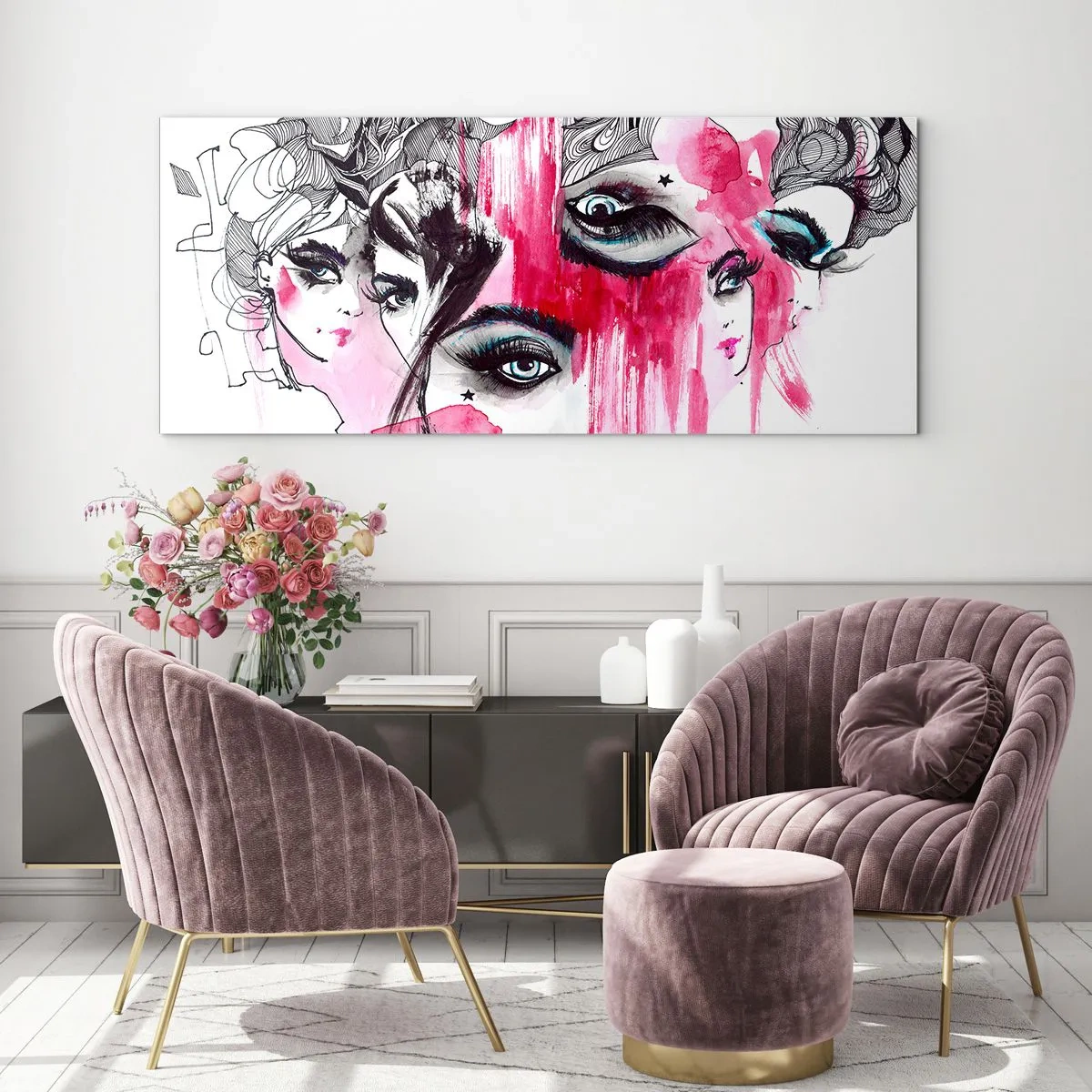 Cuadro sobre vidrio - Impresiones sobre Vidrio - Rostro abstracto en tonos rosa y negro. - 120x50cm - Ojos abstractos - Decoración de pared moderna para salón y dormitorio ARTTOR