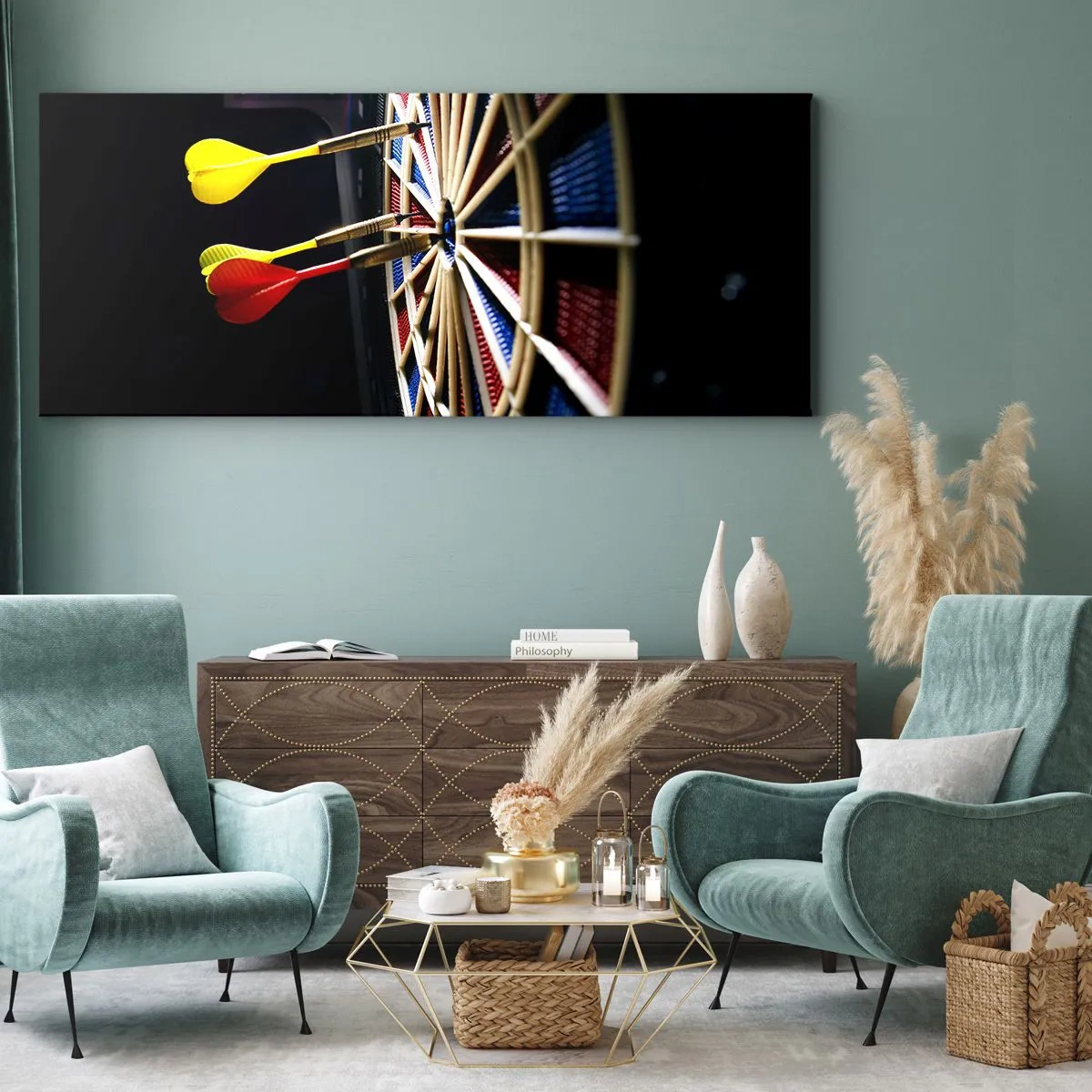 Cuadro sobre lienzo - Impresión de Imagen - Un tablero de dardos con dardos impactados sobre un fondo negro - 140x50cm - En el blanco - Decoración de pared moderna para salón y dormitorio ARTTOR