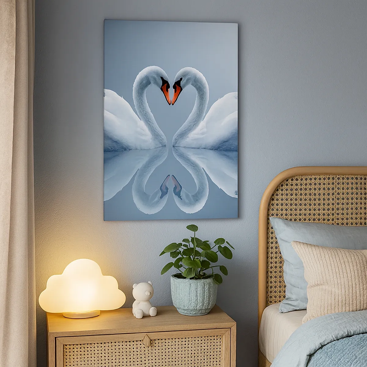 Cuadro sobre lienzo - Impresión de Imagen - Dos cisnes formando un corazón en una superficie tranquila del agua. - 50x70cm - Tiempo de amor - Decoración de pared moderna para salón y dormitorio ARTTOR