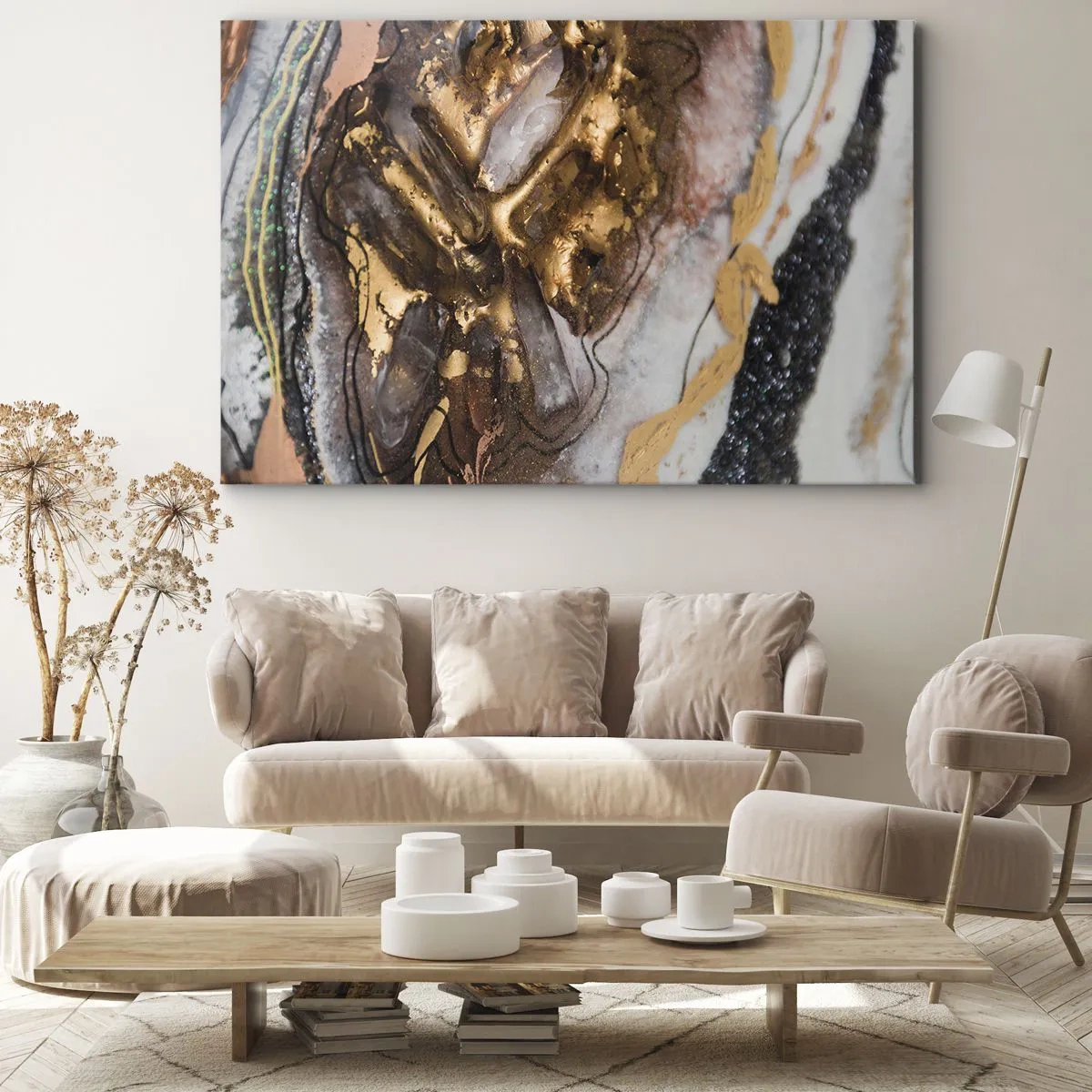 Cuadro sobre lienzo - Impresión de Imagen - Composición abstracta con elementos de oro y cristales. - 70x50cm - Elemento de la tierra - Decoración de pared moderna para salón y dormitorio ARTTOR