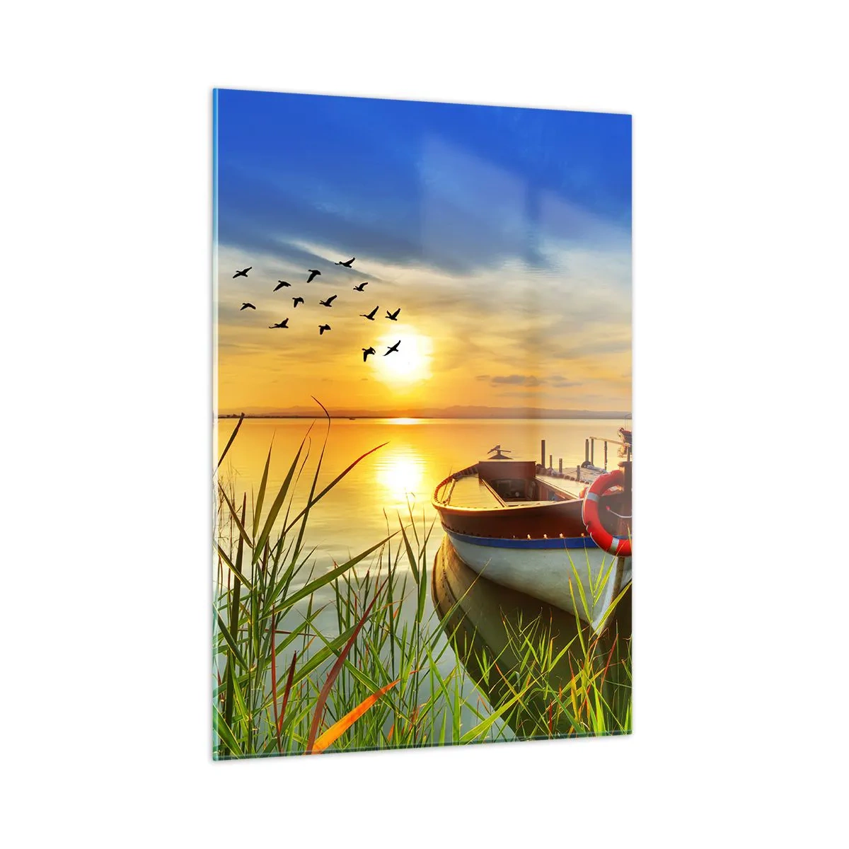 Cuadro sobre vidrio - Impresiones sobre Vidrio - Un barco en un lago al atardecer con pájaros en el cielo. - 50x70cm - Los cormoranes están volando - Decoración de pared moderna para salón y dormitorio ARTTOR