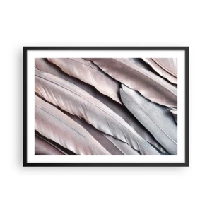 Póster en marco negro - Plumas delicadas en sutiles tonos de gris y beige. - 70x50cm - En rosa plateado - Decoración de pared moderna para salón y dormitorio ARTTOR