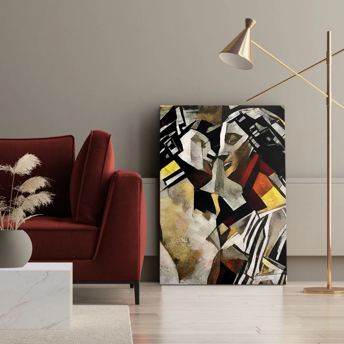 Cuadro sobre lienzo - Impresión de Imagen - Composición abstracta con siluetas en forma dinámica. - 50x70cm - Un beso escultural - Decoración de pared moderna para salón y dormitorio ARTTOR