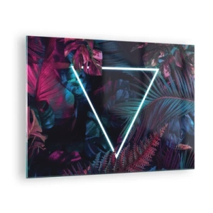 Cuadro sobre vidrio - Impresiones sobre Vidrio - Un triángulo de neón rodeado de plantas tropicales en tonos rosa y azul. - 70x50cm - Jardín fluorescente - Decoración de pared moderna para salón y dormitorio ARTTOR