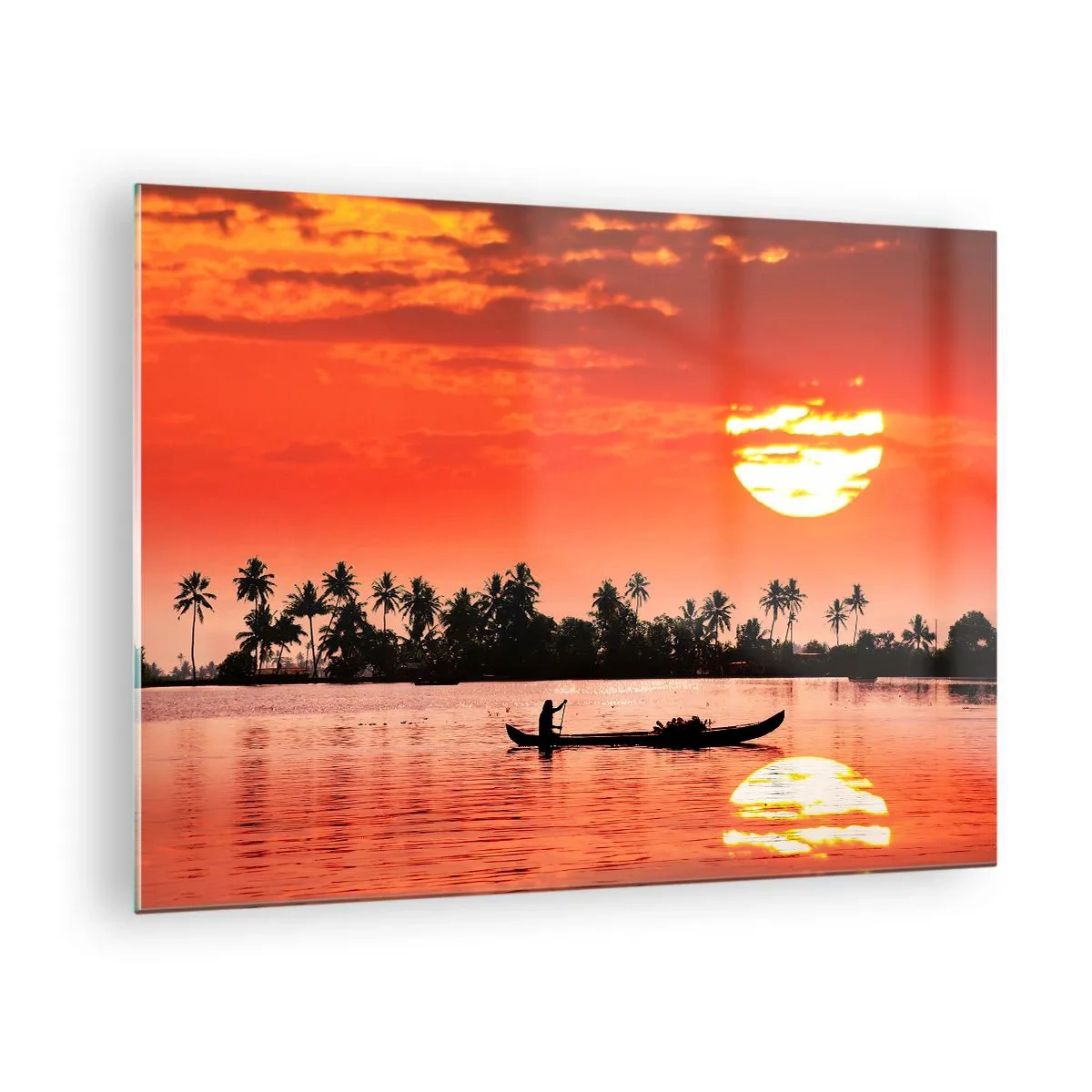 Cuadro sobre vidrio - Impresiones sobre Vidrio - Puesta de sol sobre el río con palmeras y un barco. - 70x50cm - La paz de los trópicos al atardecer - Decoración de pared moderna para salón y dormitorio ARTTOR