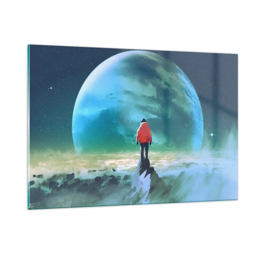 Cuadro sobre vidrio - Impresiones sobre Vidrio - Una figura con una chaqueta roja con un enorme planeta y estrellas como telón de fondo. - 120x80cm - Descubridor de una nueva Tierra - Decoración de pared moderna para salón y dormitorio ARTTOR