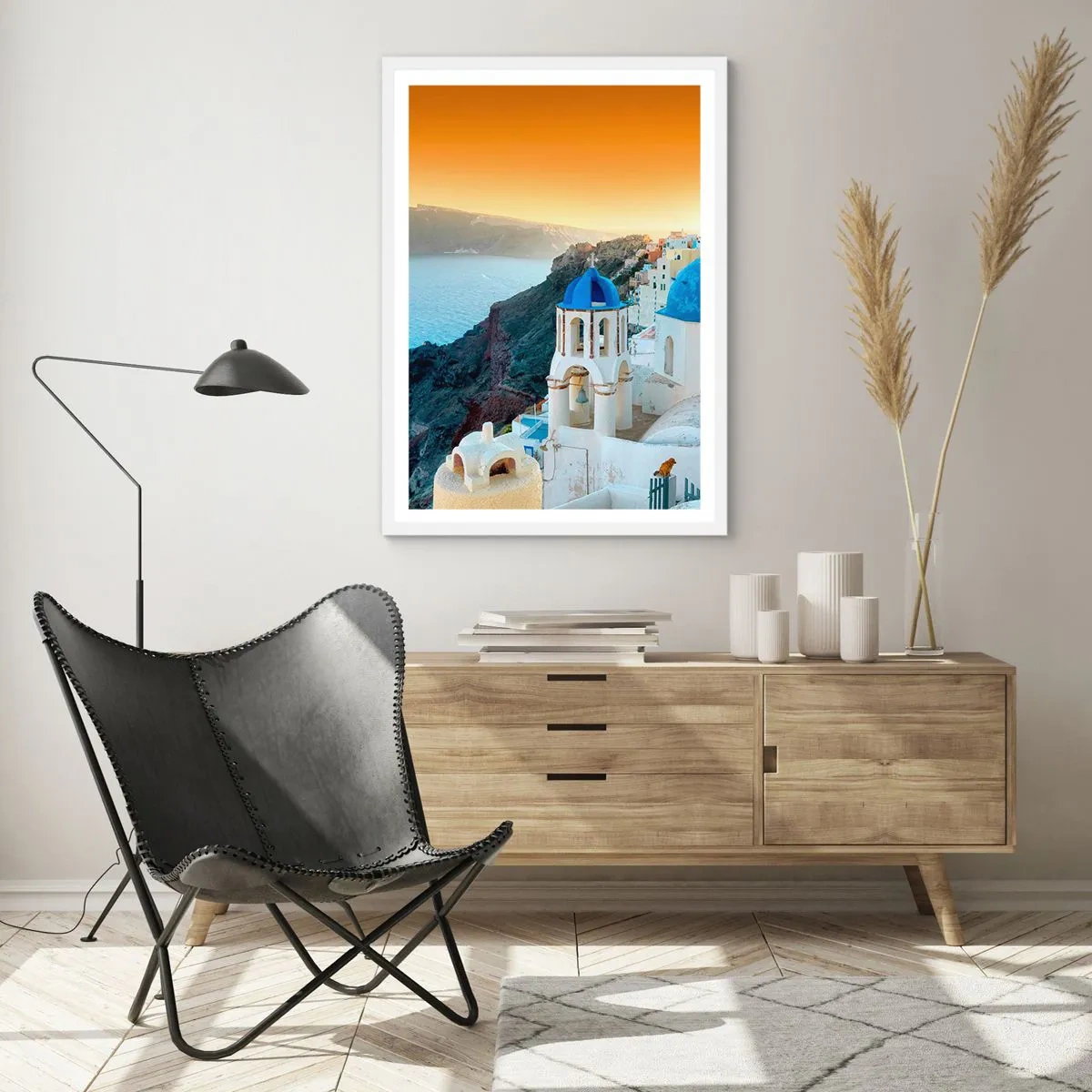 Póster en marco blanco - Santorini - el abrazo a las rocas - 70x100 cm