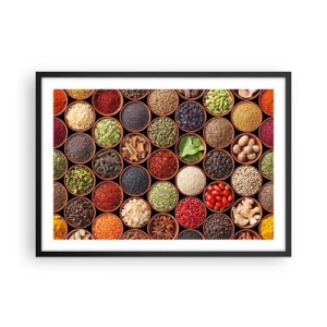 Póster en marco negro - Especias de colores en recipientes redondos - 70x50cm - Todos los sabores del mundo - Decoración de pared moderna para salón y dormitorio ARTTOR