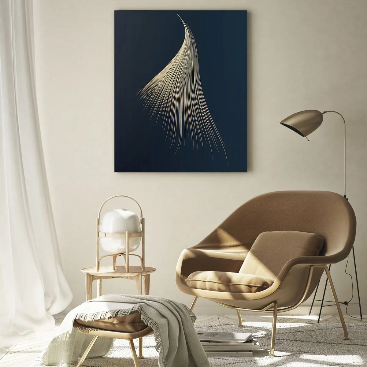 Cuadro sobre vidrio - Impresiones sobre Vidrio - Una línea dorada que se asemeja a un ala sobre un fondo azul marino. - 50x70cm - Como el cabello de un ángel - Decoración de pared moderna para salón y dormitorio ARTTOR
