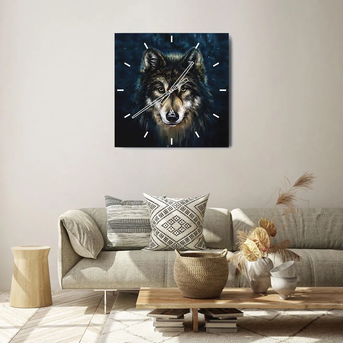 Reloj de pared - Reloj de vidrio - Retrato de un lobo sobre un fondo azul oscuro - 30x30cm - ¿Alfa? Y omega - Decoración de pared moderna para salón y dormitorio ARTTOR