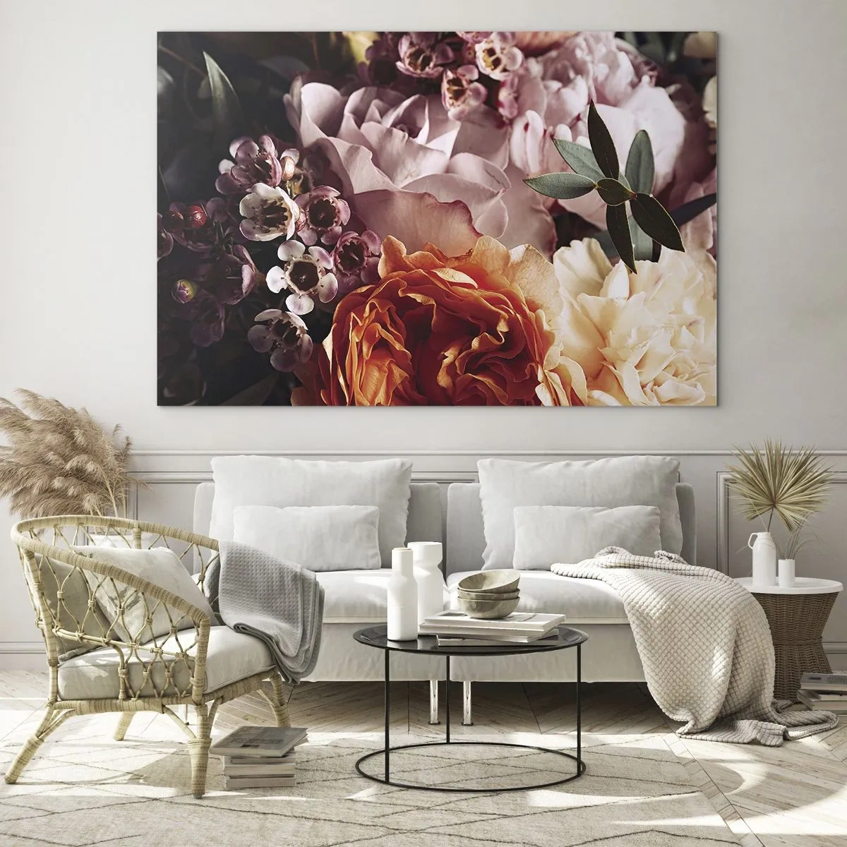 Cuadro sobre vidrio - Impresiones sobre Vidrio - Un primer plano de una composición de rosas, claveles y pequeñas flores. - 120x80cm - Belleza envolvente - Decoración de pared moderna para salón y dormitorio ARTTOR