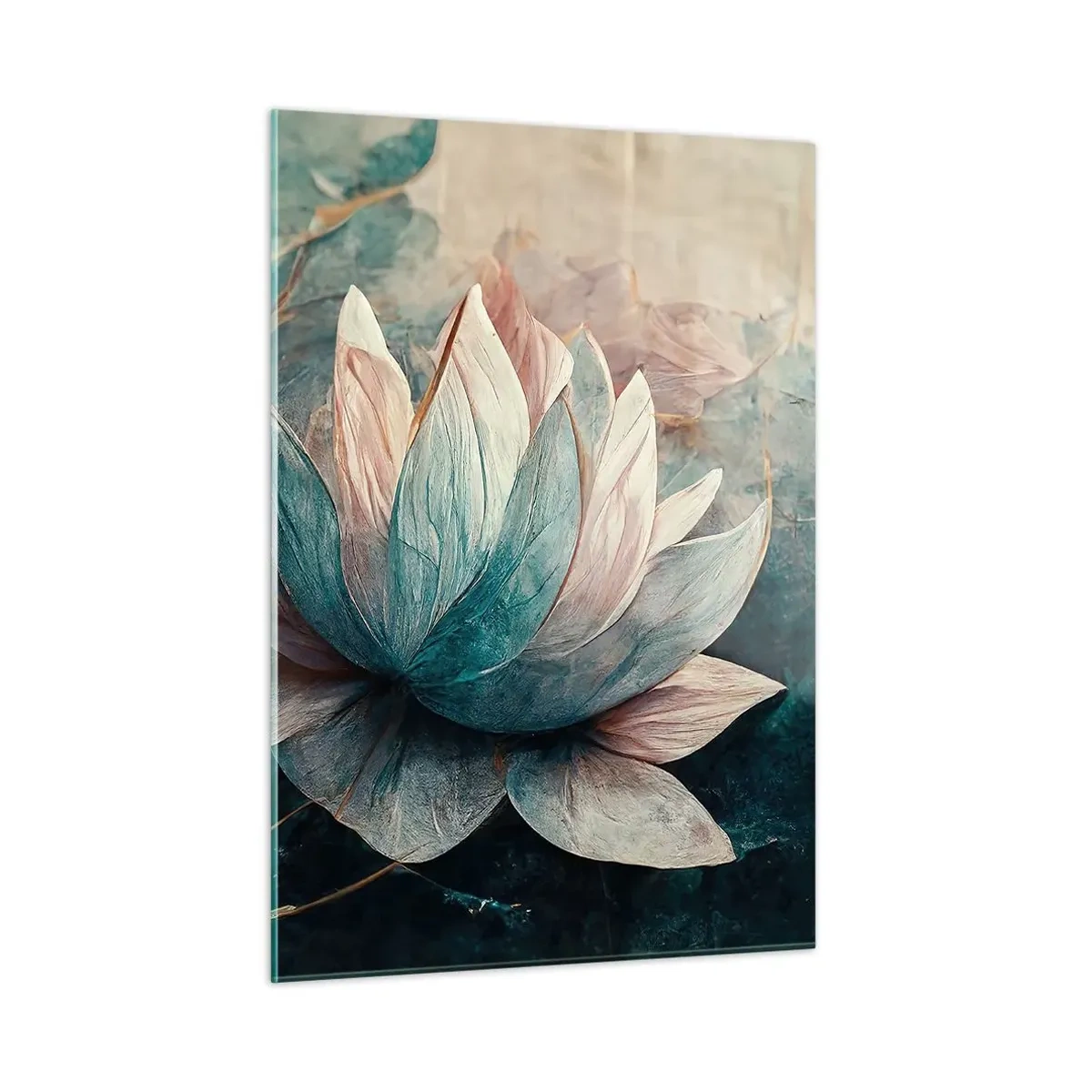 Cuadro sobre vidrio - Impresiones sobre Vidrio - Representación artística de flores de loto sobre un fondo de hojas de agua. - 50x70cm - Estrellas de lago - Decoración de pared moderna para salón y dormitorio ARTTOR