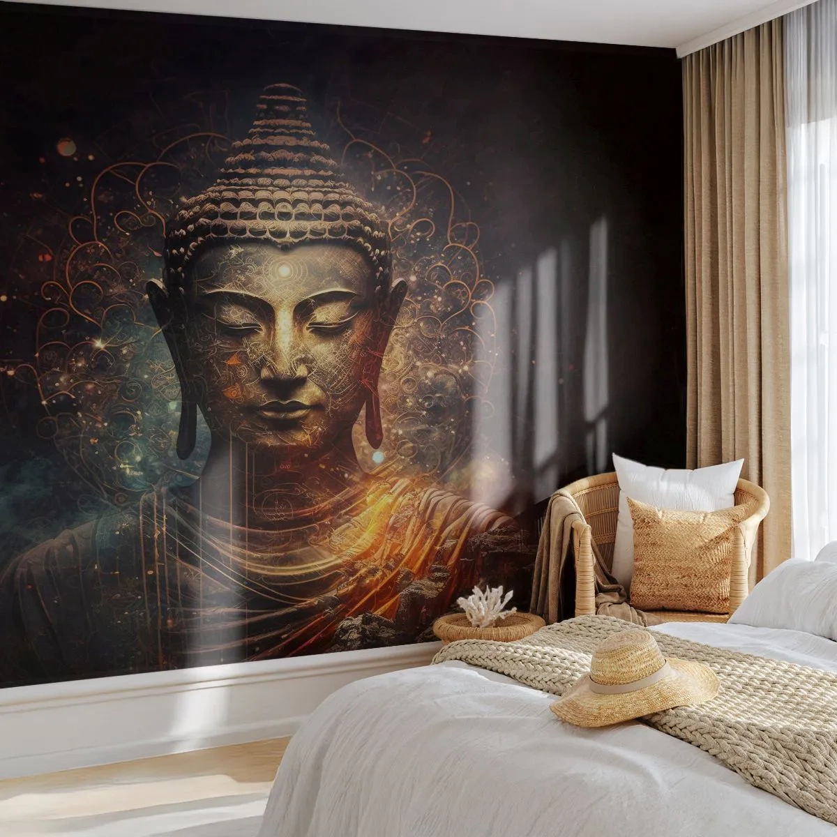 Fotomural Premium Sand - Una estatua de Buda dorada bajo una luz mística sobre un fondo oscuro. - 100x70cm - Equilibrio espiritual - Decoración de pared moderna para salón y dormitorio ARTTOR