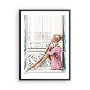 Póster en marco negro - Una mujer con una bata rosa sentada en un balcón. - 50x70cm - Una mañana parisina - Decoración de pared moderna para salón y dormitorio ARTTOR
