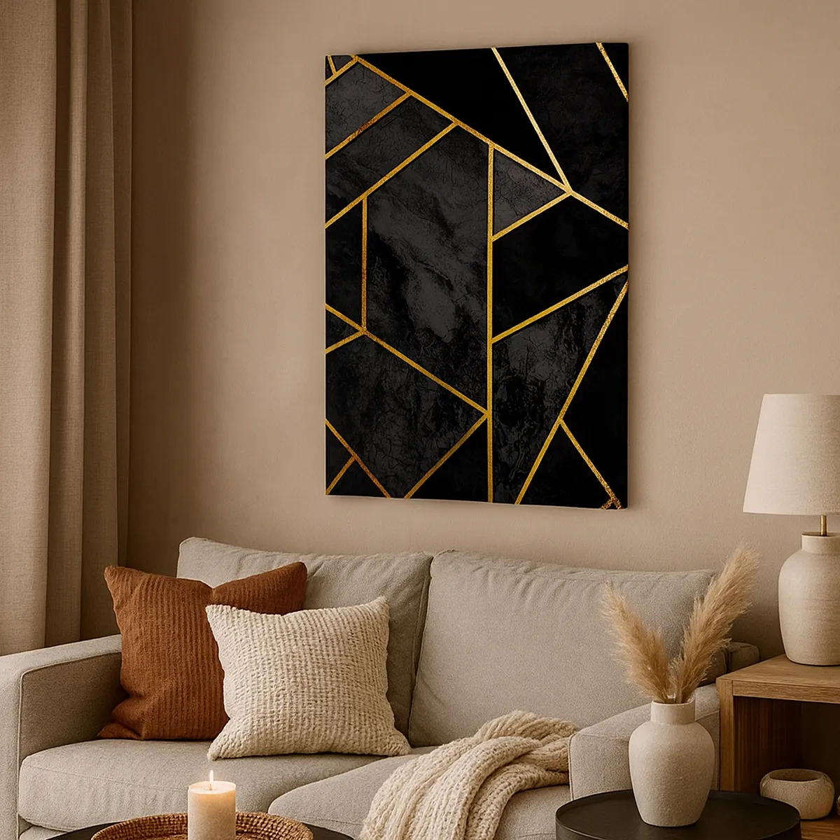 Cuadro sobre lienzo - Impresión de Imagen - Patrón geométrico dorado sobre fondo negro - 50x70cm - Oscuridad y brillo - Decoración de pared moderna para salón y dormitorio ARTTOR