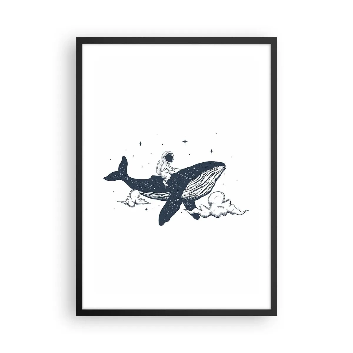 Póster en marco negro - Una colorida ilustración de un cohete espacial volando entre las estrellas. - 50x70cm - Una aventura cósmica - Decoración de pared moderna para salón y dormitorio ARTTOR