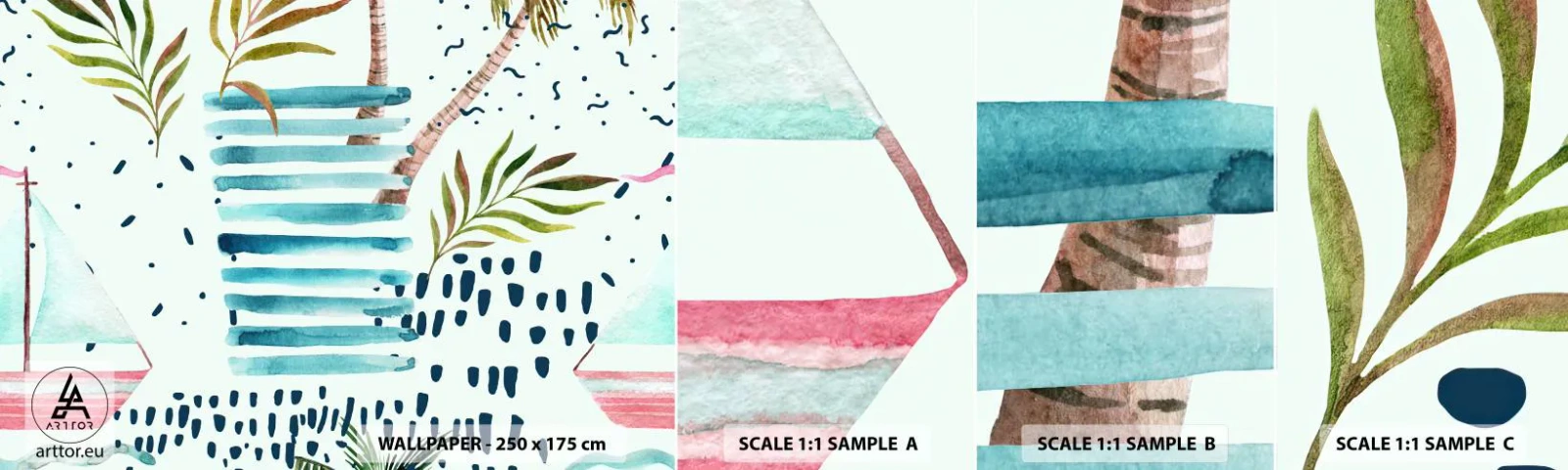 Muestra De Fotomural Standard Eco - Vacaciones bajo las palmeras - acuarelas, Palmera de cocos, Velero - 100x30 cm