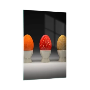 Cuadro sobre vidrio - Impresiones sobre Vidrio - Huevos coloridos que se asemejan a frutas sobre un fondo oscuro. - 70x100cm - Desayuno de frutas - Decoración de pared moderna para salón y dormitorio ARTTOR