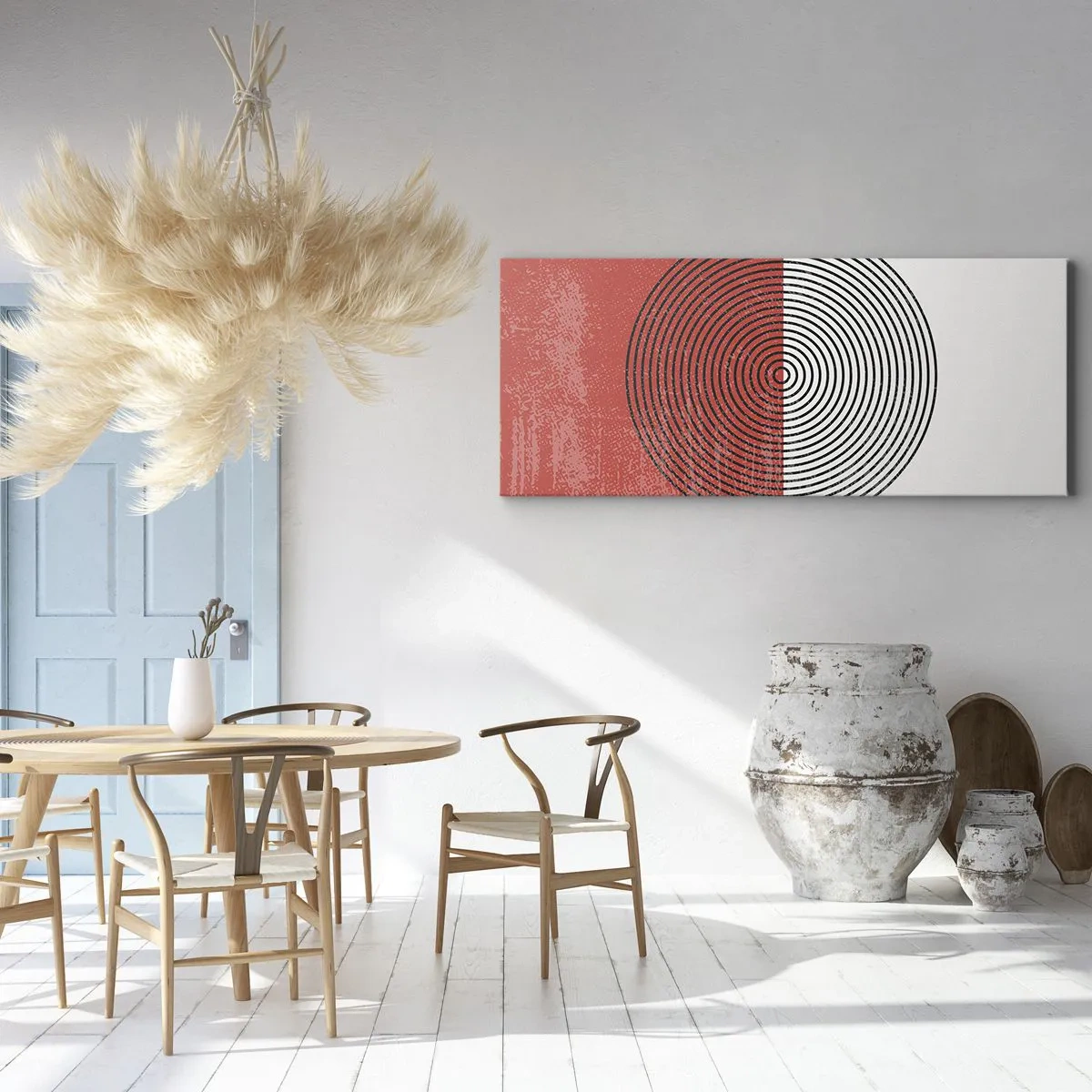 Cuadro sobre lienzo - Impresión de Imagen - Patrón geométrico con círculos concéntricos sobre un fondo rojo y blanco. - 120x50cm - En el corazón de la misma - Decoración de pared moderna para salón y dormitorio ARTTOR