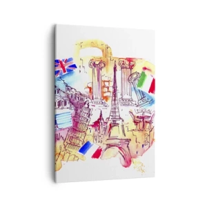 Cuadro sobre lienzo - Impresión de Imagen - Acuarela de símbolos europeos con banderas de países. - 50x70cm - Gira europea - Decoración de pared moderna para salón y dormitorio ARTTOR