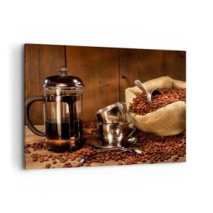 Cuadro sobre lienzo - Impresión de Imagen - Prensa francesa, tazas y una bolsa de café sobre un fondo de madera. - 100x70cm - El embrujo del café: aroma y sabor - Decoración de pared moderna para salón y dormitorio ARTTOR